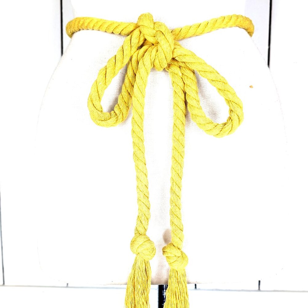 Yellow braided long rope knotted tassel chord tie belt